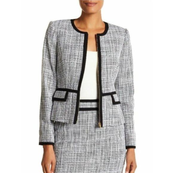 Calvin Klein 6P Black White Tweed Zip Blazer Lady Jacket peplum - Picture 1 of 9